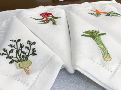 Serviette de table lin coton brodée légumes ajourée