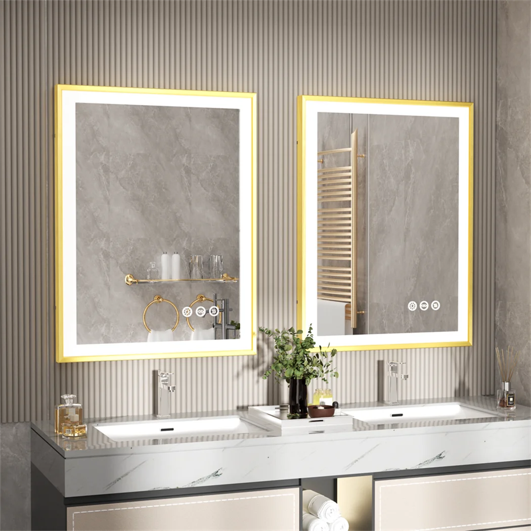 miroir éclairé avec cadre doré et lumières led antibuée à gradation trois couleurs - vue 4 sur 11