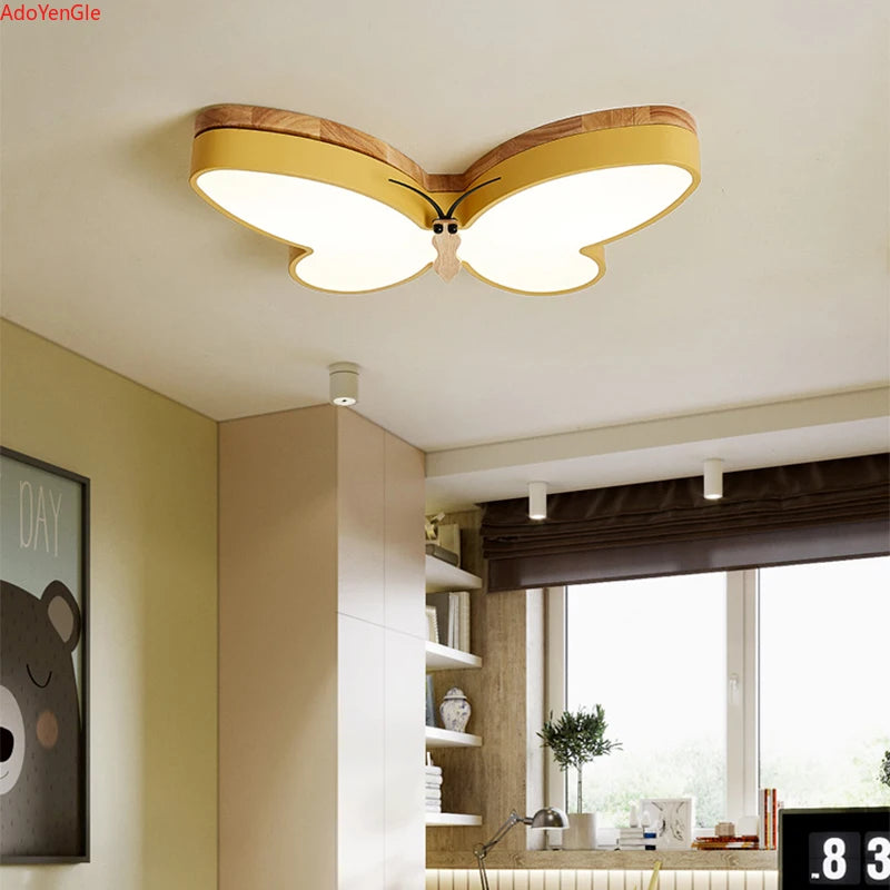 lustre moderne en bois avec papillon led pour enfants