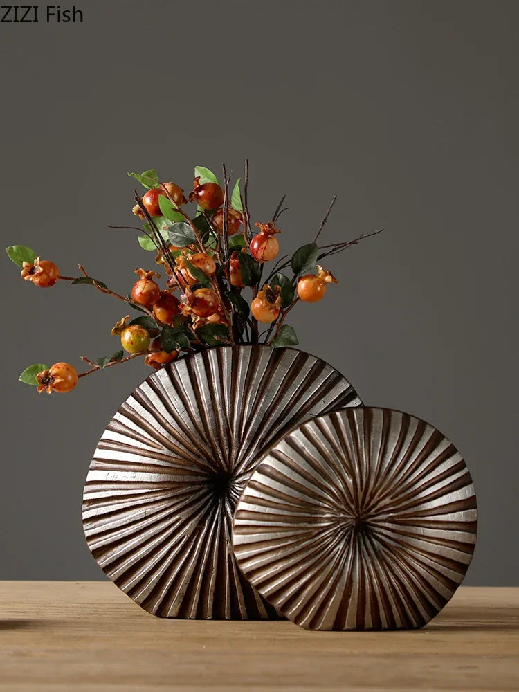 vase floral en résine à fleurs moderne rayures bois - vue 2 sur 10