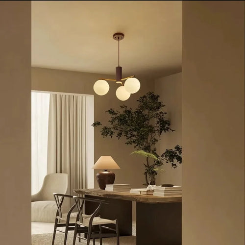 Walnut Wood Brass Round Glass, Wabi-sabi Modern Simple style, Chandelier light for Living room, Bedroom, Dining room, Study - vue 5 sur 16