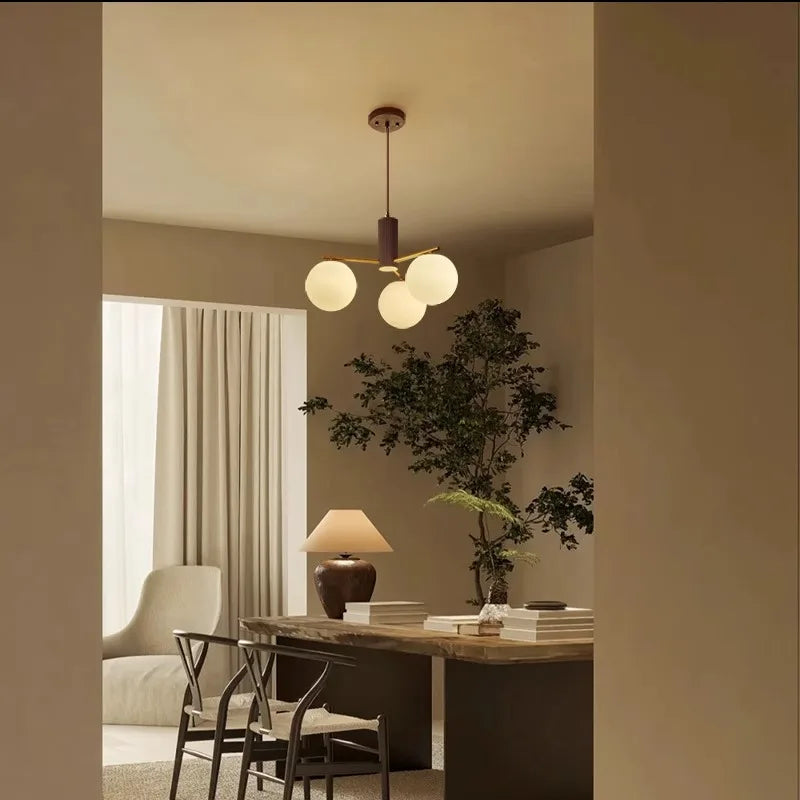 Walnut Wood Brass Round Glass, Wabi-sabi Modern Simple style, Chandelier light for Living room, Bedroom, Dining room, Study - vue 4 sur 16