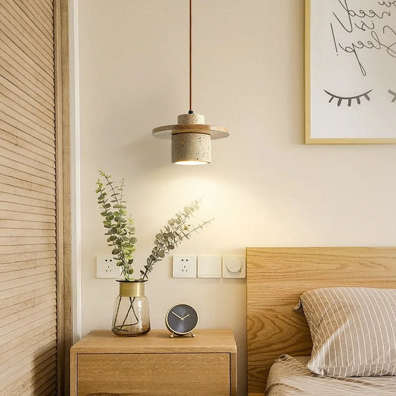 suspension led style minimaliste japonais en noyer et travertin - vue 2 sur 13