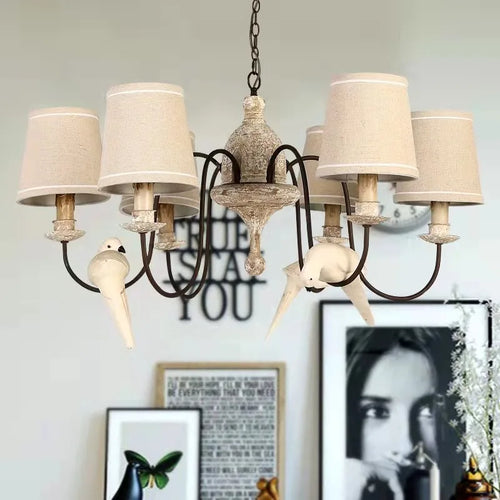 lustre vintage américain en bois avec oiseaux en tissu - vue 5 sur 6