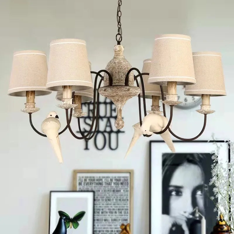 lustre vintage américain en bois avec oiseaux en tissu - vue 4 sur 6