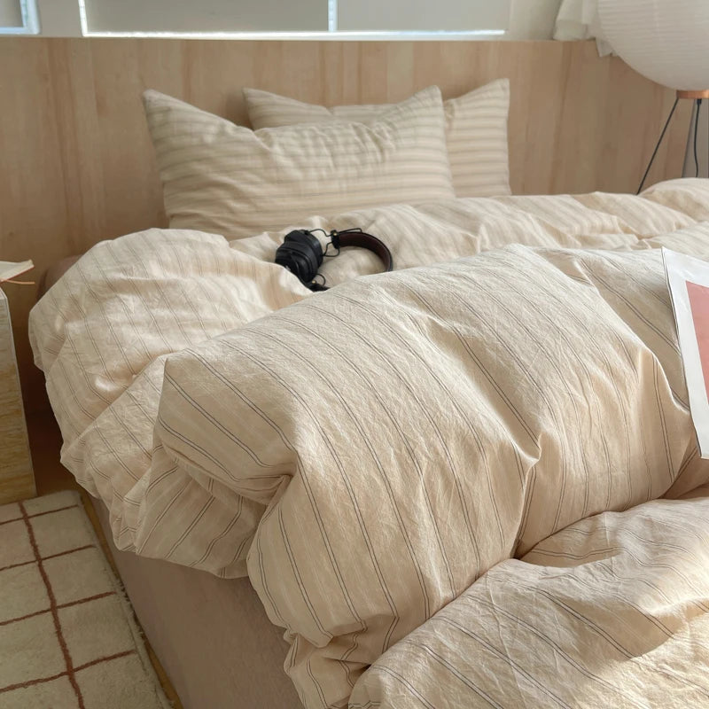 housse de couette rayée rose en coton pour chambre fille