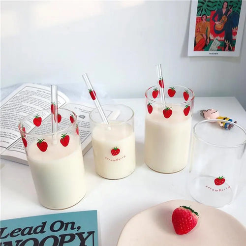 Gobelet verre paille motif fraise resistant chaleur 300ml