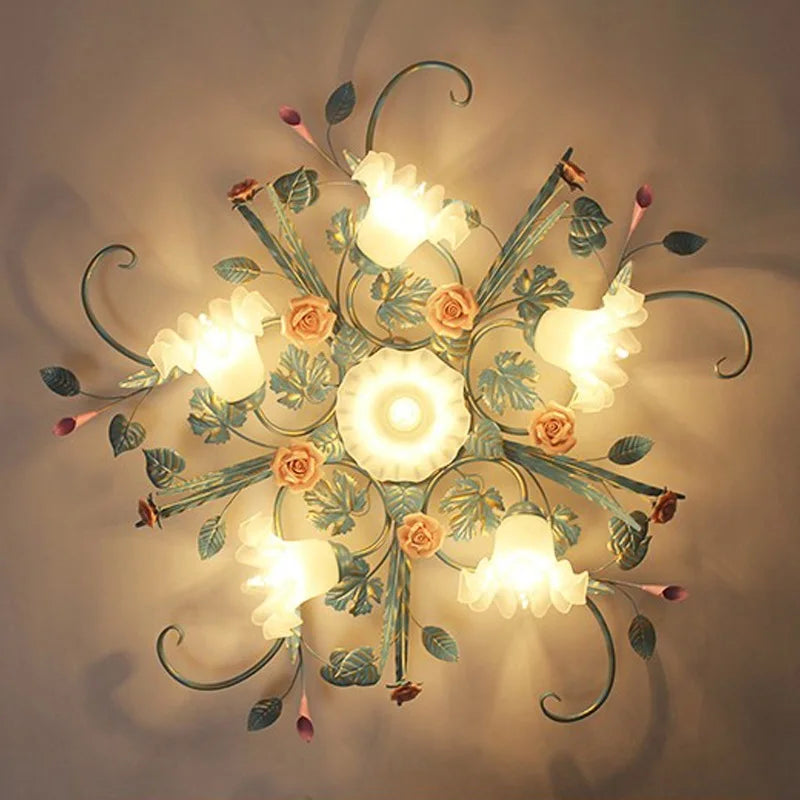 plafonnier led en fer fait main avec fleur de rose style américain coréen
