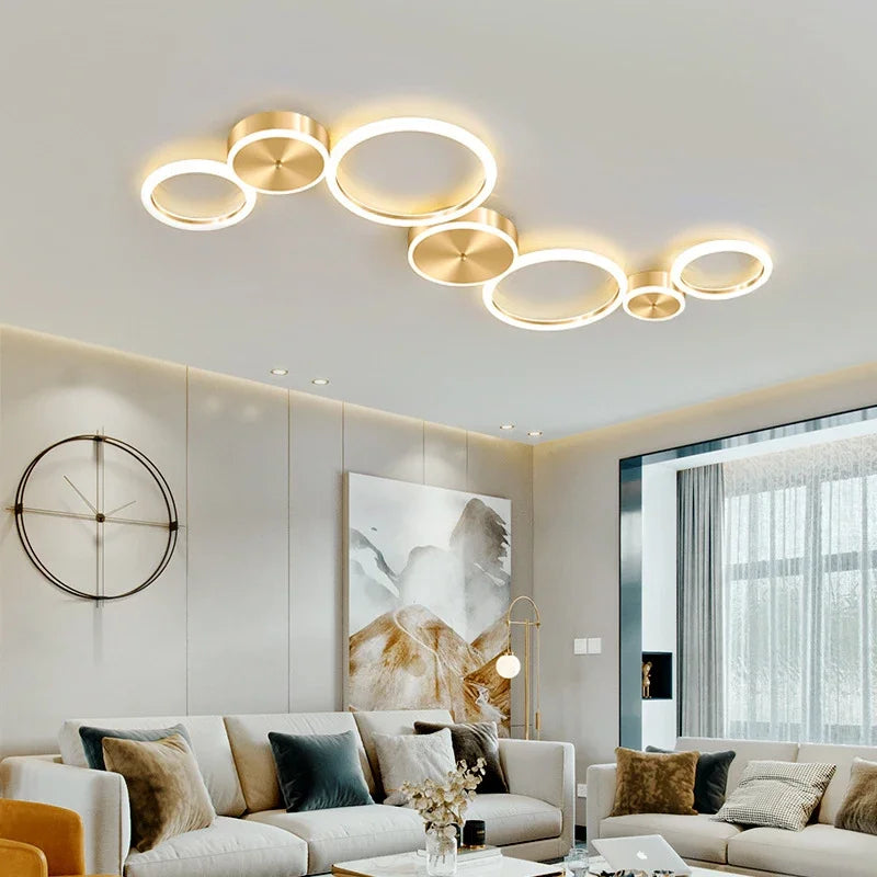 Plafond moderne à LEDs lustre en aluminium Simple plafonnier pour salon chambre salle à manger cercle anneaux plafonnier doré