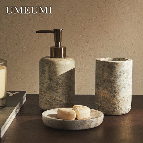 ensemble de salle de bain en marbre naturel et travertin - vue 4 sur 10