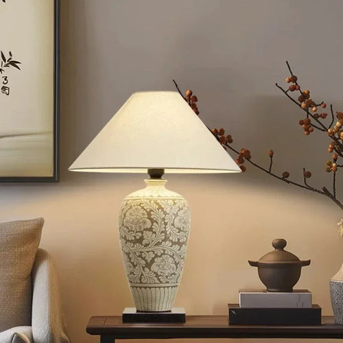 lampe de bureau rétro chinoise en céramique avec abat-jour en tissu - vue 2 sur 9