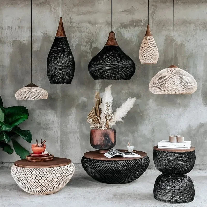 Modern art minimalist retro chandelier suitable for living room, dining room, farmhouse, natural rattan and willow chandelier - vue 2 sur 21