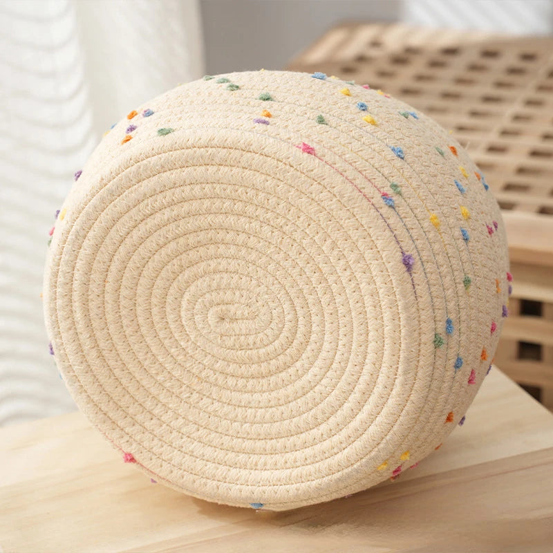 panier de rangement en corde de coton à pois colorés pour organisation