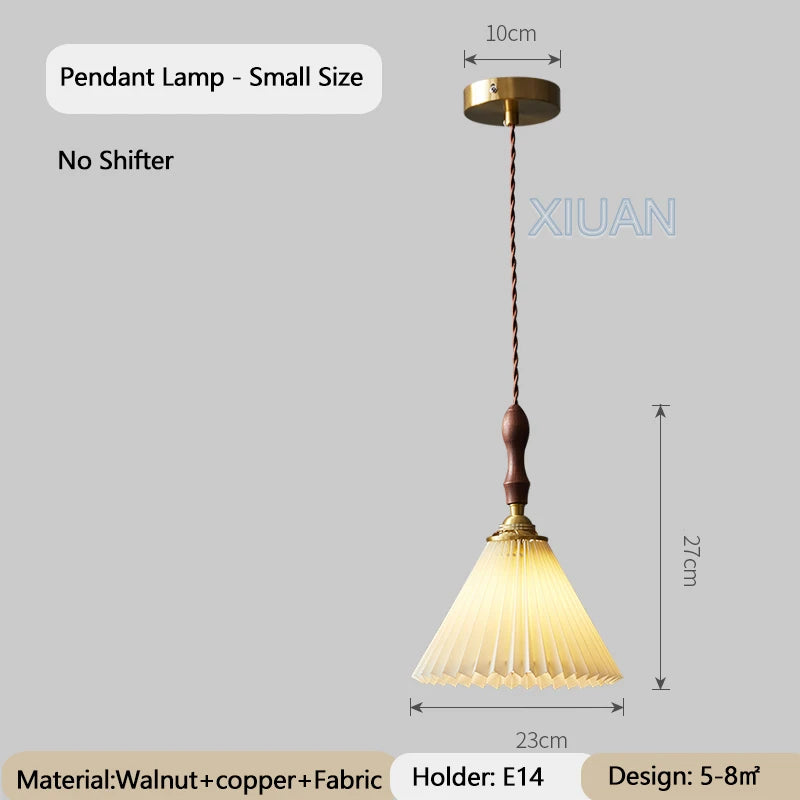 lustre vintage japonais avec abat-jour plissé en noyer - vue 12 sur 12