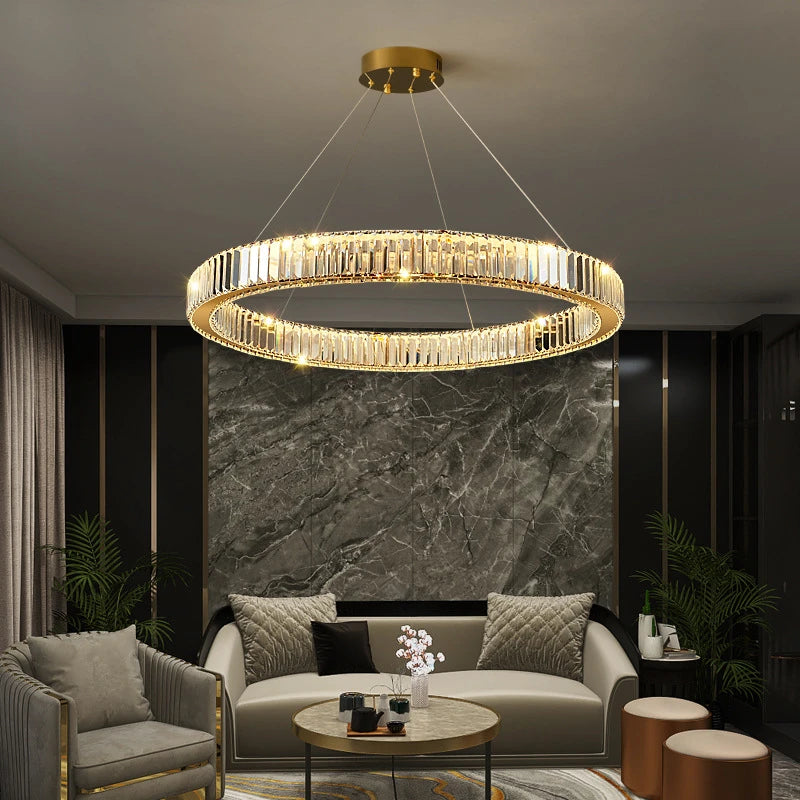 lustre moderne en cristal rond à led avec intensité variable