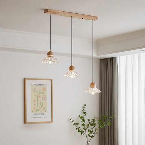 lustre nordique moderne en bois et verre led japonais - vue 2 sur 10