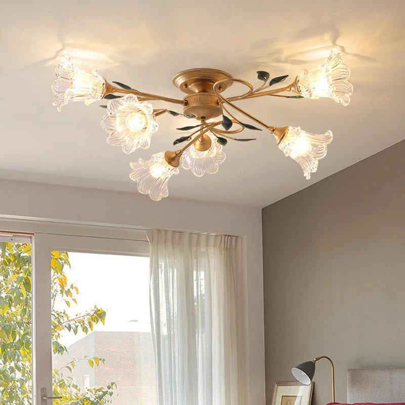 luminaires de plafond style pastoral romantique français en laiton fer et verre