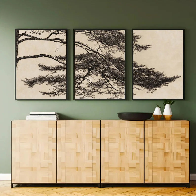 triptyque vintage branche de pin art mural décoration intérieure