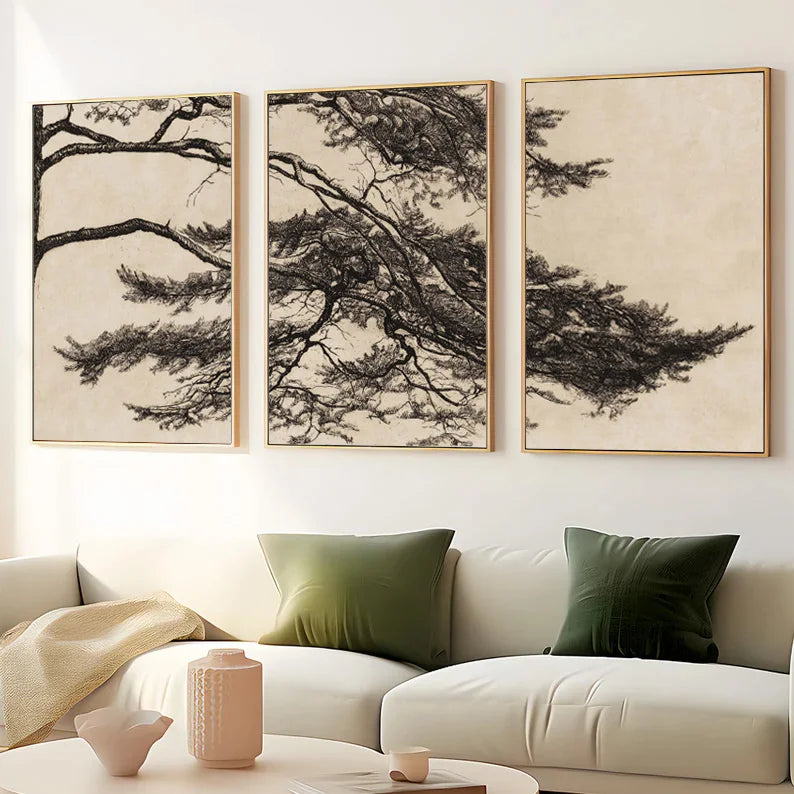triptyque vintage branche de pin art mural décoration intérieure - vue 4 sur 7