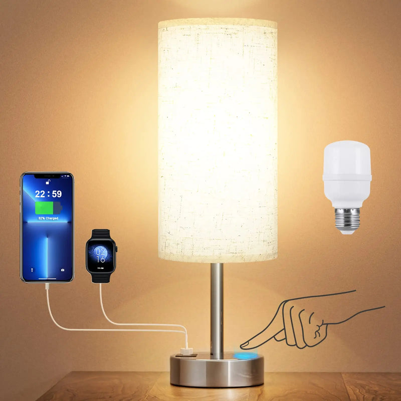 Lampe De Chevet Tactile Dimmable Lightess Avec Ports USB A & C - Abat-Jour Verre Opalin, 3 Températures & Intensité Variable, Ampoule E27 Incluse
