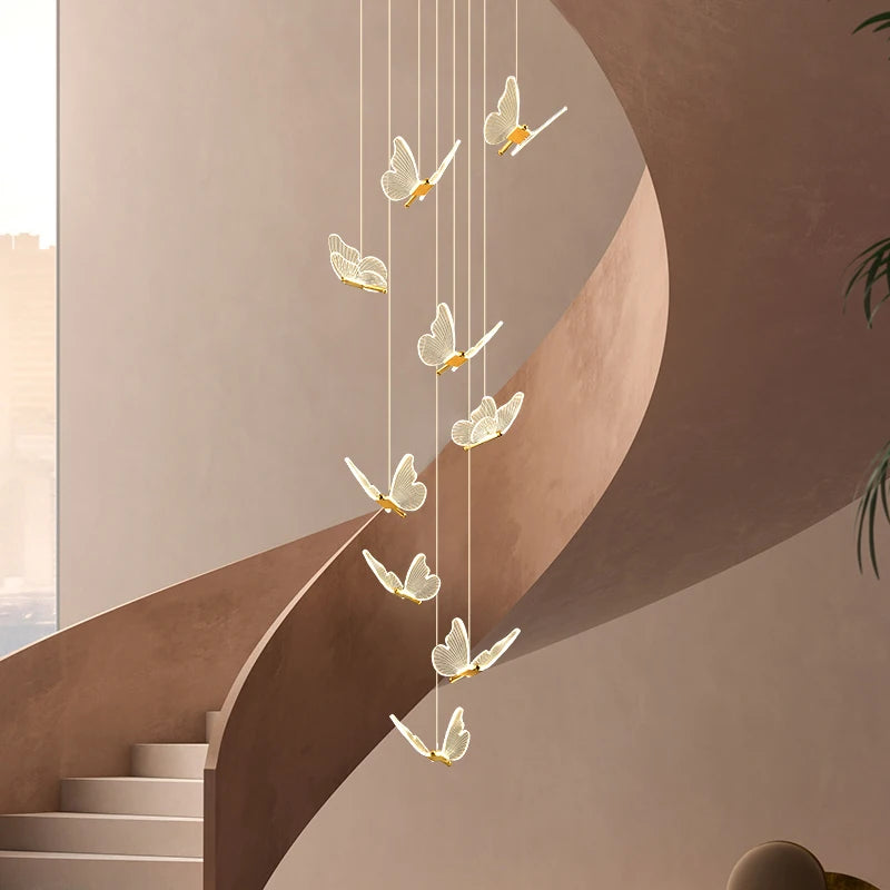 lustre d'escalier moderne acrylique forme de papillon Duplex salon salle à manger Art LED lustre d'escalier lustre en cristal - vue 5 sur 13