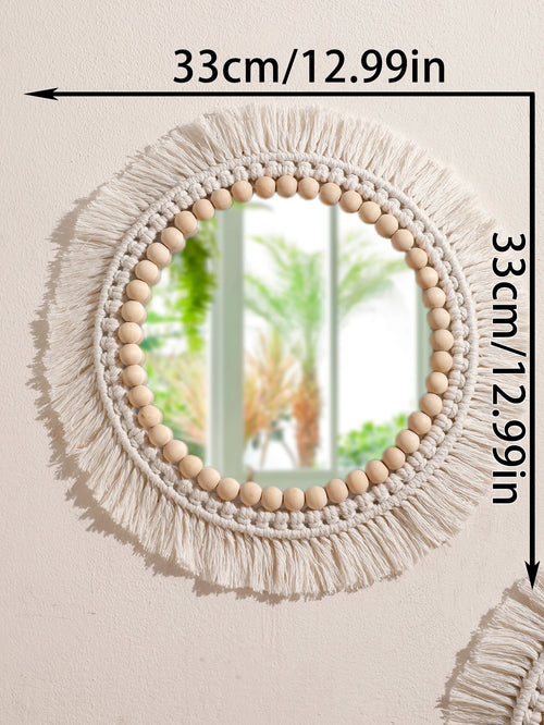 miroir suspendu en macramé décoratif avec pompons tissés - vue 13 sur 14
