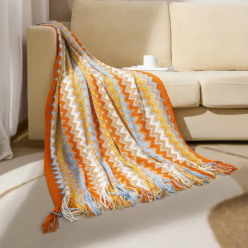 Plaid bohème tricoté à pompons pour canapé lit - vue 3 sur 6