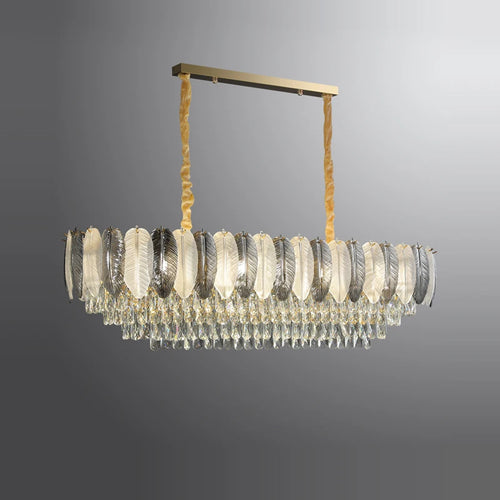 lustre suspendu led art déco en cristal et plumes blanches et grises - vue 3 sur 17