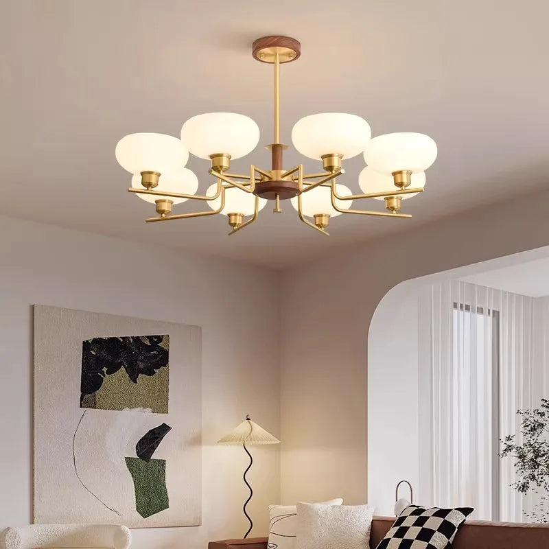 Walnut Wood Glass Brass, Wabi-sabi Modern Vintage style, chandelier lights for Living room, Bedroom, dining room, study - vue 3 sur 12