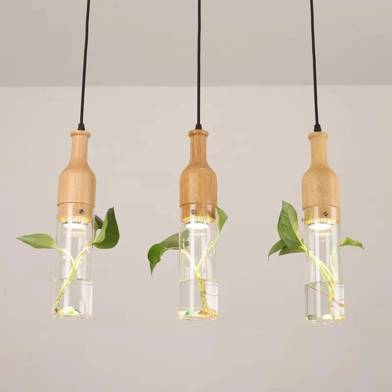 suspension led industrielle en bois et verre pour plantes