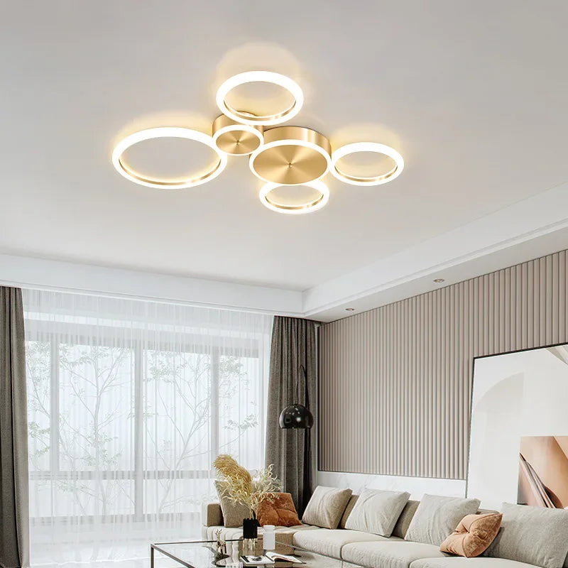 Plafond moderne à LEDs lustre en aluminium Simple plafonnier pour salon chambre salle à manger cercle anneaux plafonnier doré