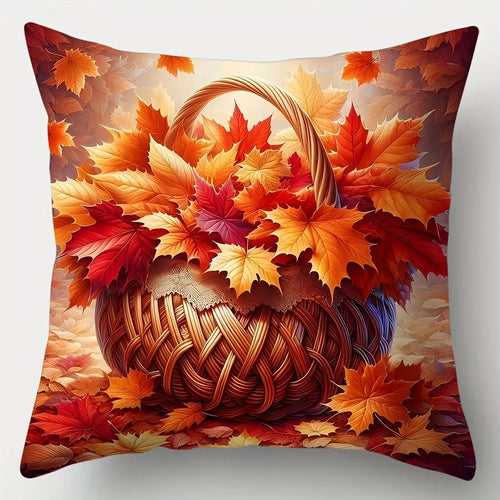 housse de coussin décorative motif feuilles d'automne et panier