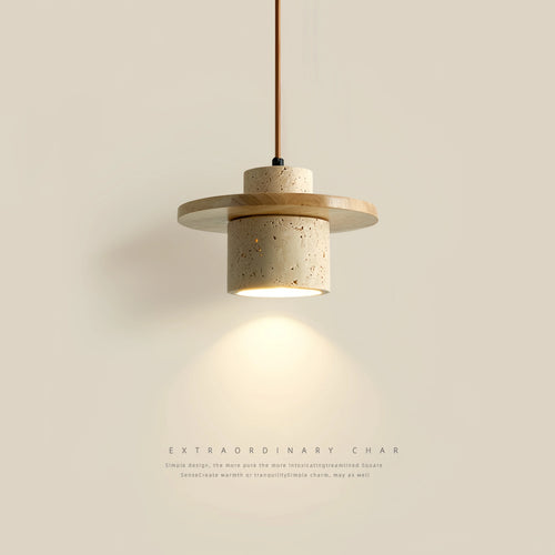 suspension led style minimaliste japonais en noyer et travertin - vue 2 sur 13