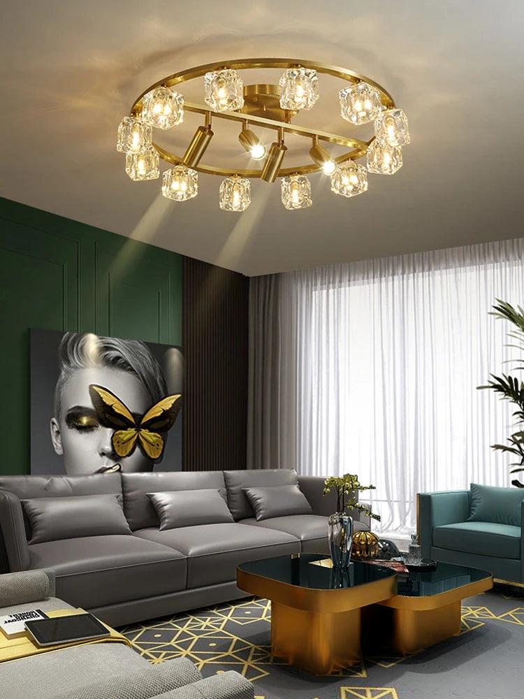 lustre en cuivre et cristal pour décoration moderne 2024 - vue 2 sur 10