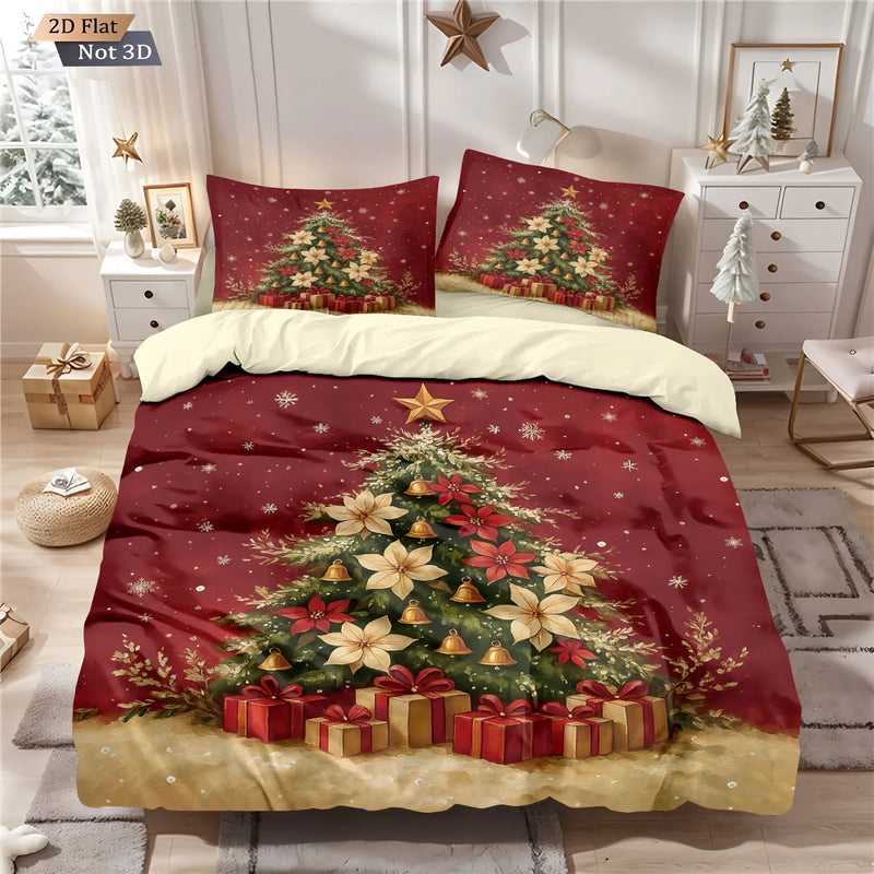 parure de lit rouge motif sapin de noël 3 pièces