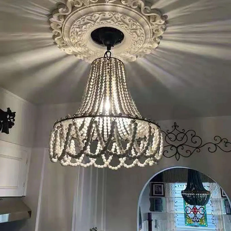 lustre en perles de bois style bohème nordique et rural américain - vue 4 sur 7