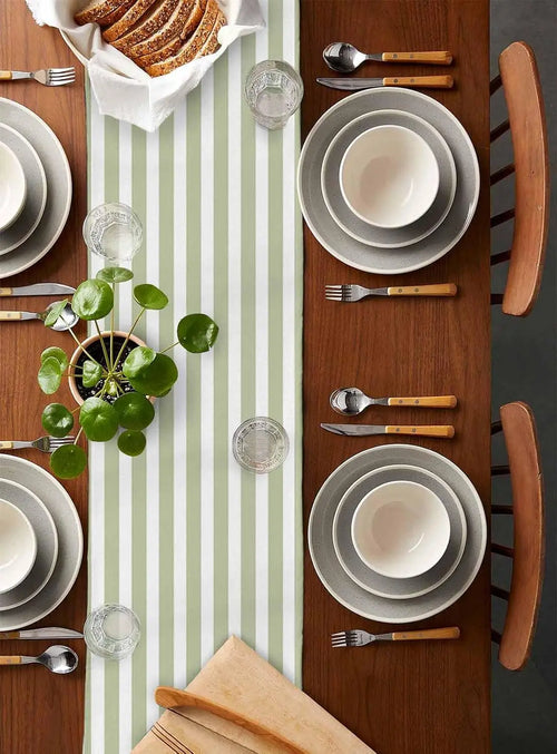 Chemin de table lin rayures vert sauge campagne