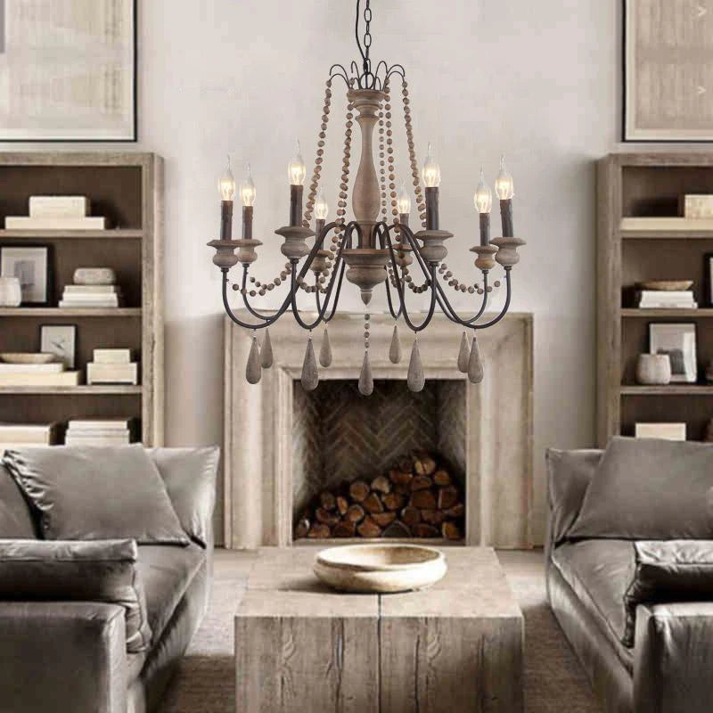 lustre vintage rustique en bois avec perles pour éclairage intérieur