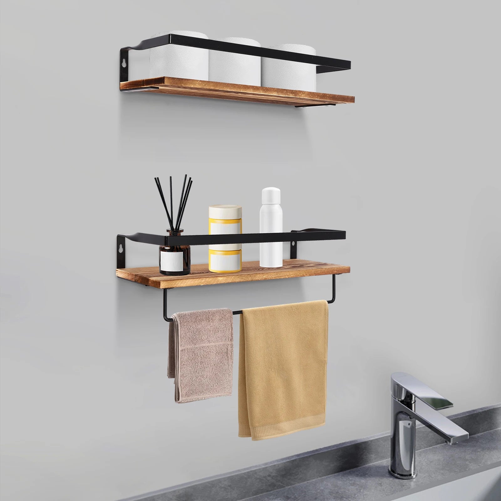 étagère murale en bois avec barre porte-serviettes à deux niveaux - vue 5 sur 7