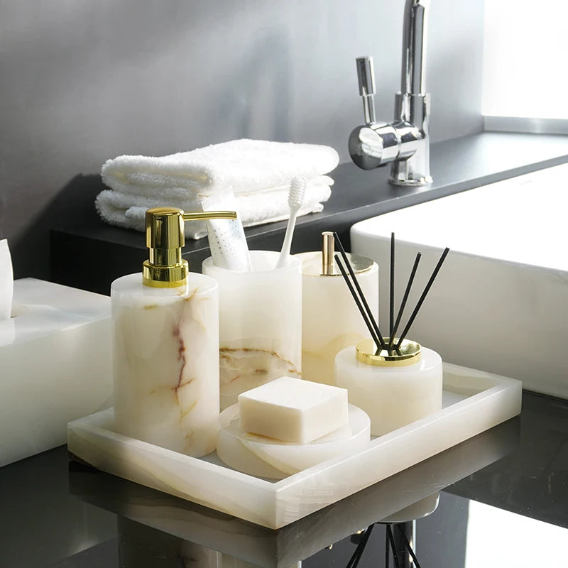 ensemble accessoires de salle de bain en marbre naturel luxe - vue 3 sur 23