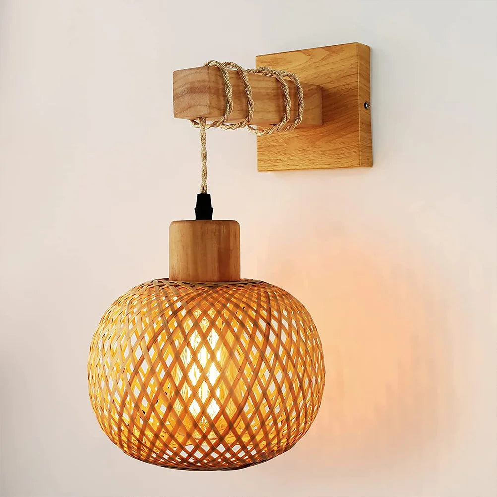 Applique murale luminaire applique en osier couloir suspendu lanterne en bois montage ferme appliques prise nuit bambou rotin salle de bain - vue 5 sur 4