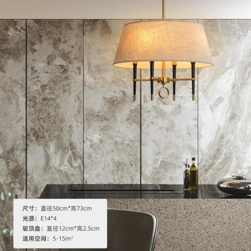 Nouveau brun clair couverture en tissu circulaire suspension lampe salon chambre lustres cuivre suspension lampe de style chinois plafonnier
