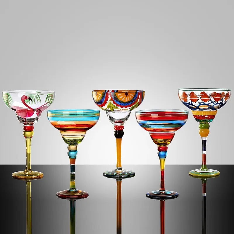 Verre cocktail margarita peint main motif flamant rayures - vue 2 sur 5