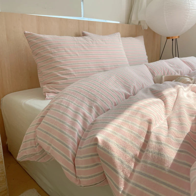 housse de couette rayée rose en coton pour chambre fille