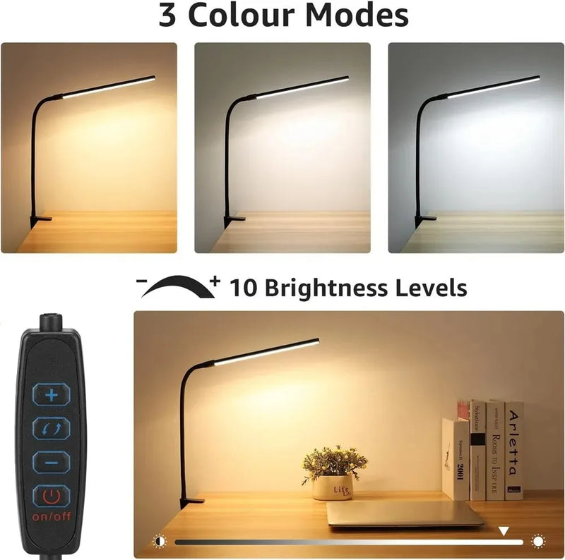 lampe de bureau led à pince 360° 3 modes 10 luminosités simple/double