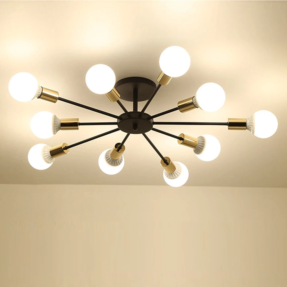 lustre industriel moderne avec tiges multiples en fer et bois - vue 15 sur 16
