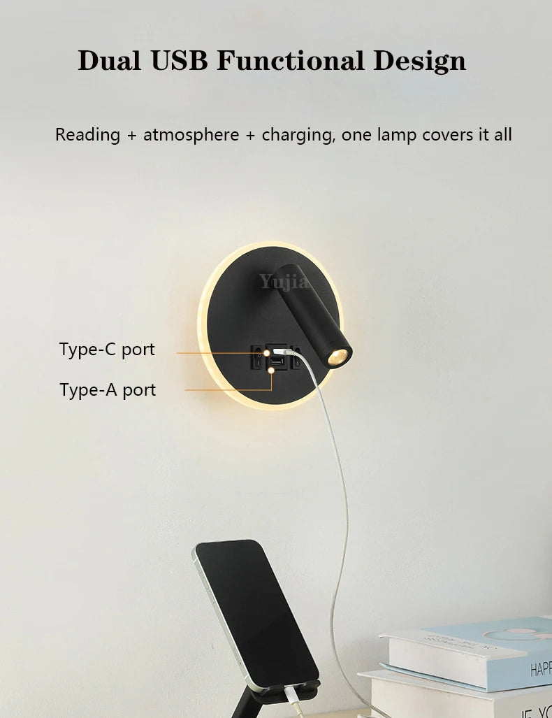 applique murale led moderne avec ports usb et lampes de lecture réglables - vue 7 sur 16
