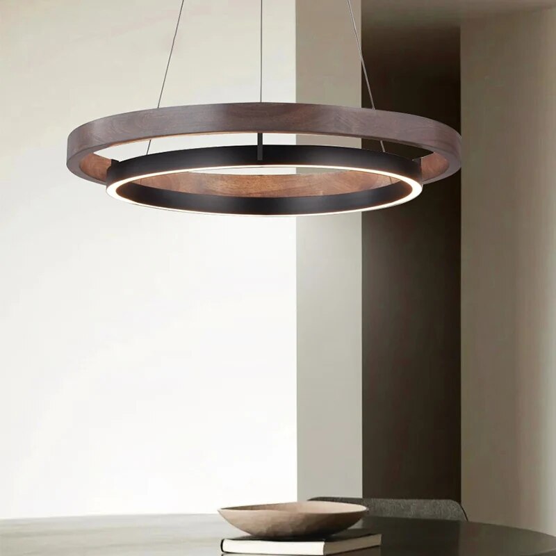 Lustre antique nordique bois anneau lumineux couleur - vue 4 sur 7