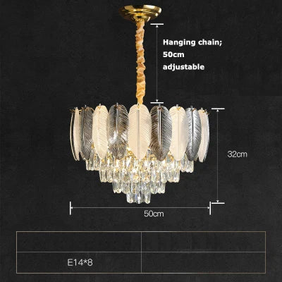 lustre suspendu led art déco en cristal et plumes blanches et grises - vue 10 sur 17