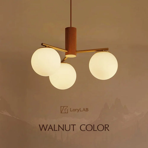 Walnut Wood Brass Round Glass, Wabi-sabi Modern Simple style, Chandelier light for Living room, Bedroom, Dining room, Study - vue 2 sur 16